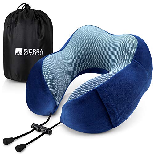 Sierra Concepts Travel Pillow - 100% Pure Memory Foam Neck Pillows for Airplane, Traveling, Car, Sleeping, Home - Velour Fabric with Side Pocket, DX100 Series Blue